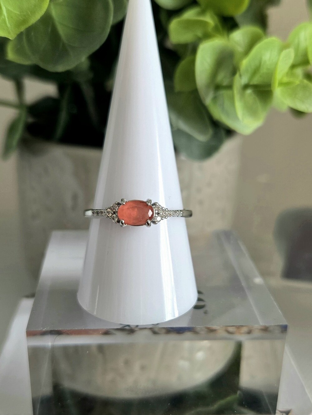 BP Sterling Silver Coral Oval Gemstone Ring with Accent Stones